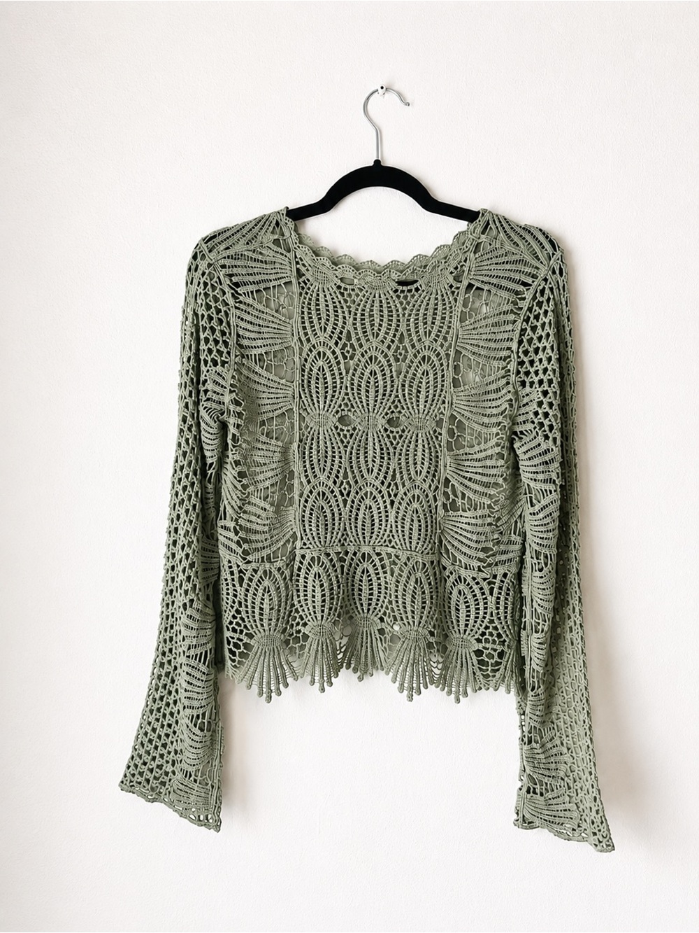 Rebellion Again Sage Green Crochet Lace Bell Sleeve Boho Top | Size M